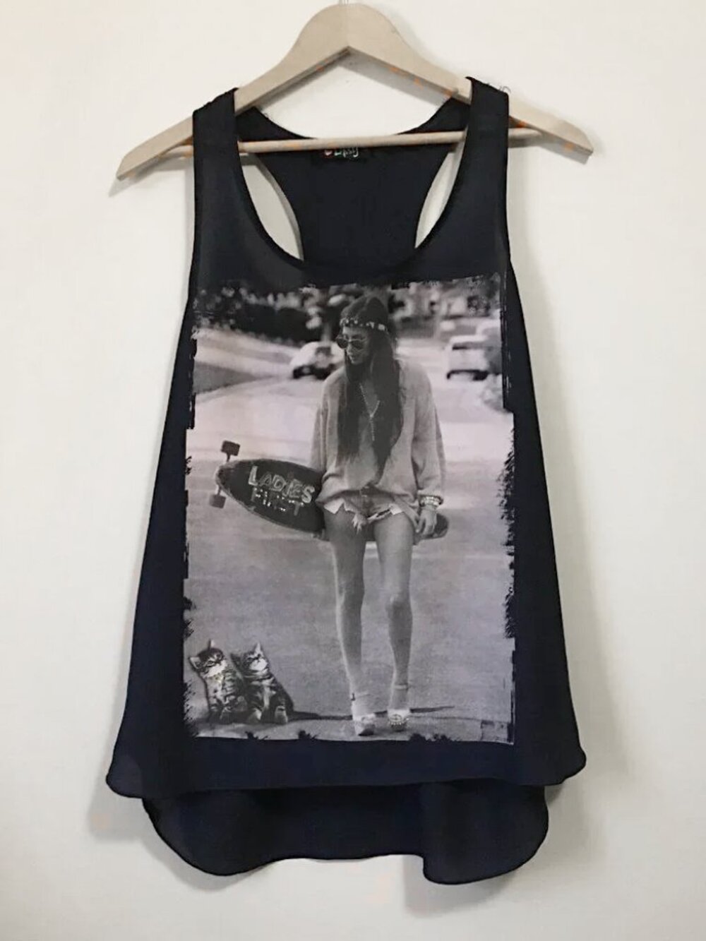 Lipsy Ladies & Kittens Graphic Dark Navy Blue Racerback Tank Top S McBling
